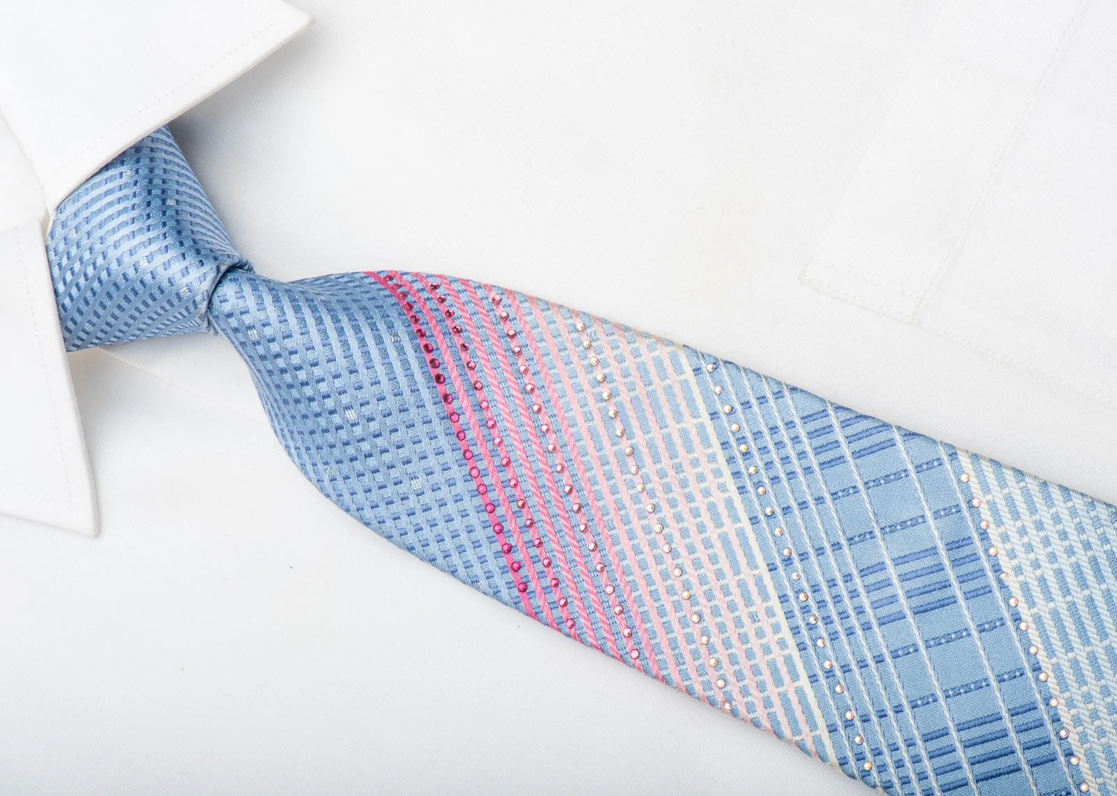 Indian Homme Men's Silk Tie Striped On Blue Sparkling With Rhinestones - Image 3