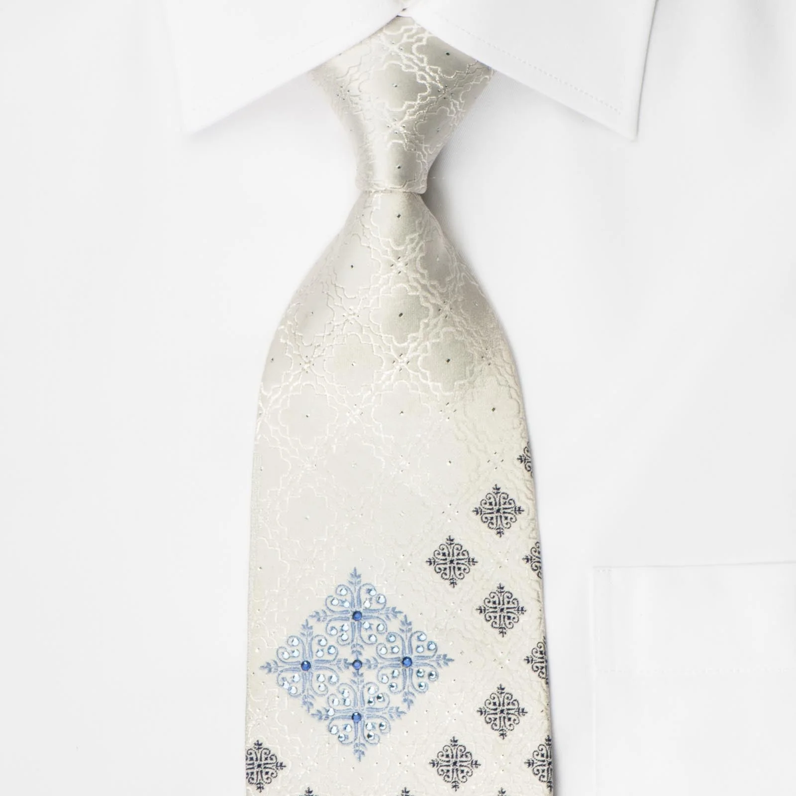 Indian Homme Men's White Crystal Rhinestone Necktie Cartouche On White - Image 5