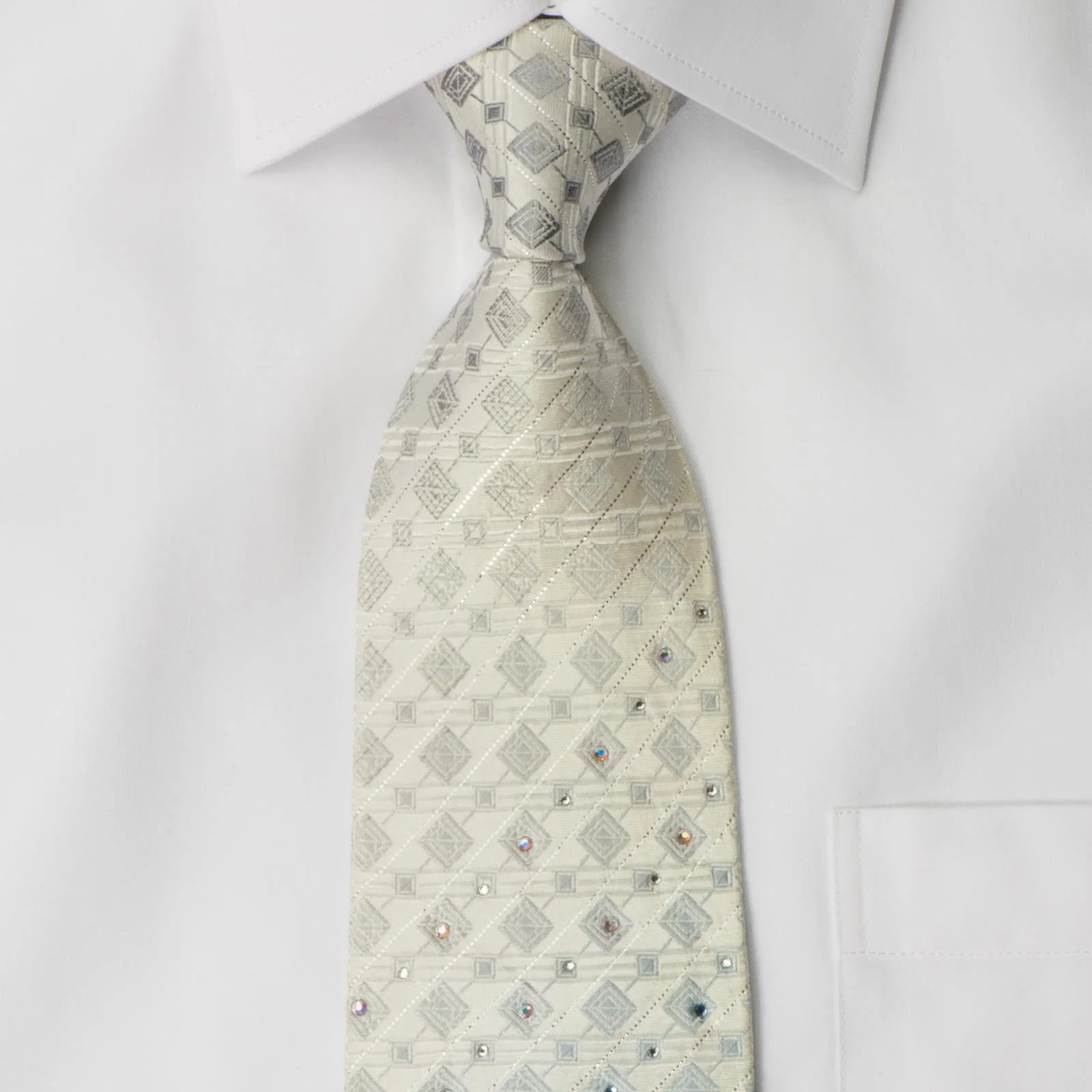Indian Homme Rhinestone Necktie Blue Geometric Design On White With Sparkles - Image 2