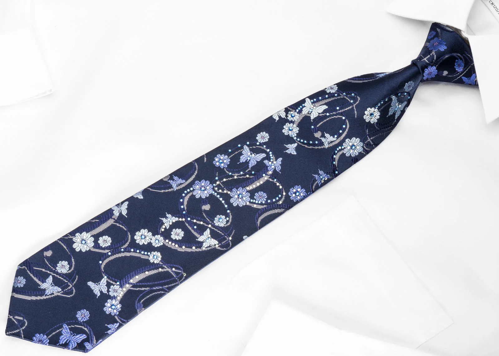 Indian Homme Rhinestone Necktie Butterflies & Curls On Blue With Silver Sparkles - Image 4