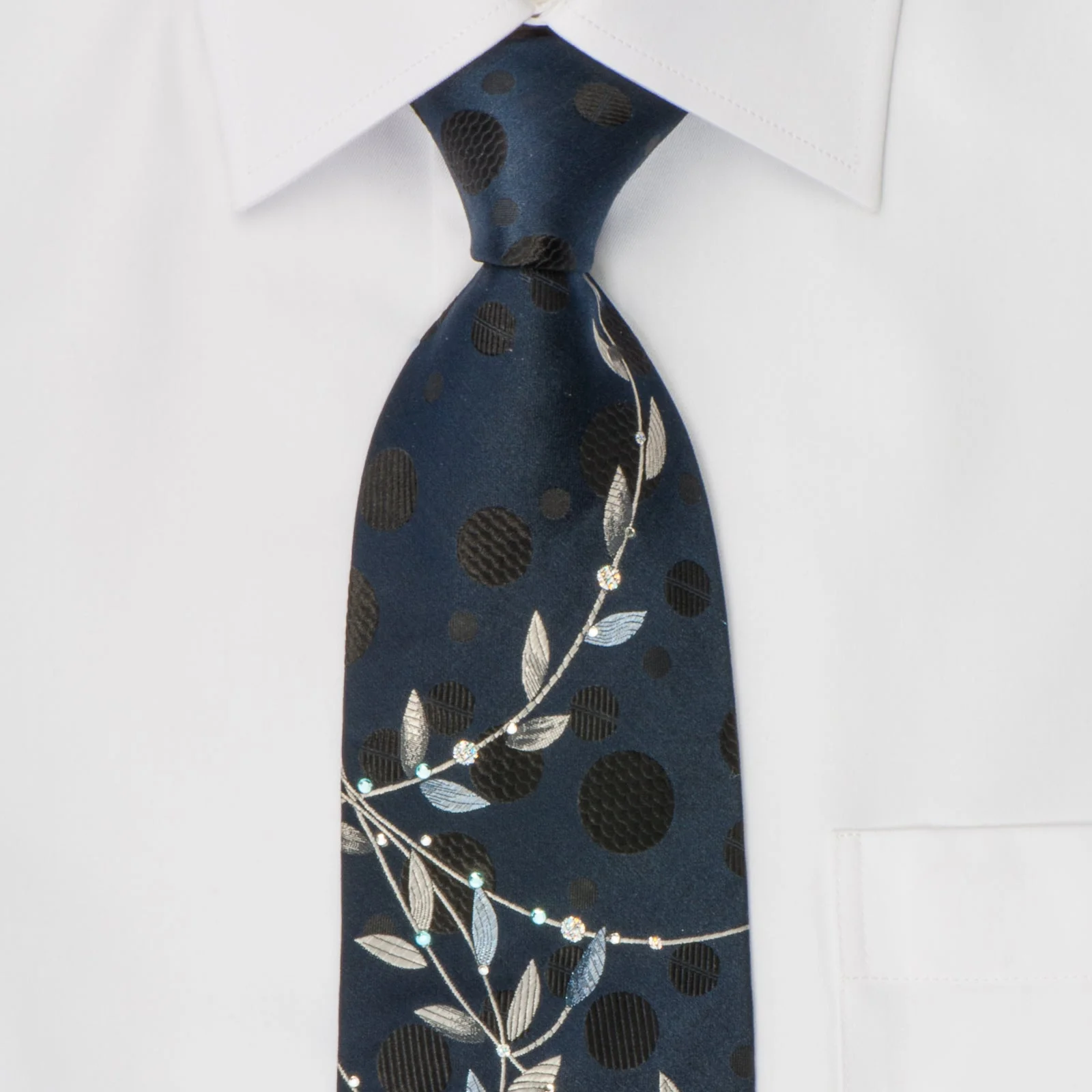 Indian Homme Rhinestone Necktie Silver Scroll Leaves On Navy Blue With Silver Sparkles - Image 4