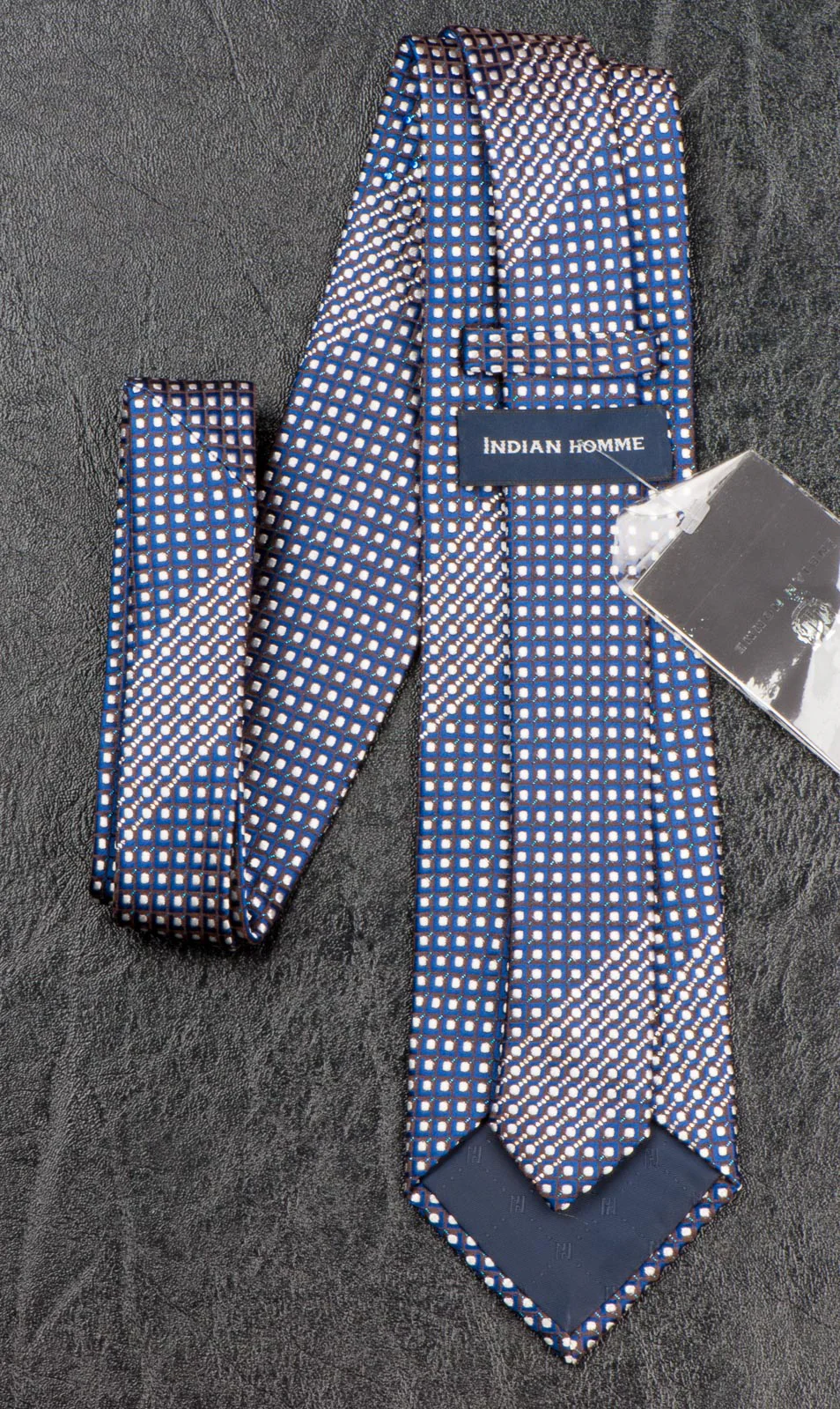 Indian Homme Rhinestone Silk Neck Tie Blue Silver Brown Checked Design - Image 3