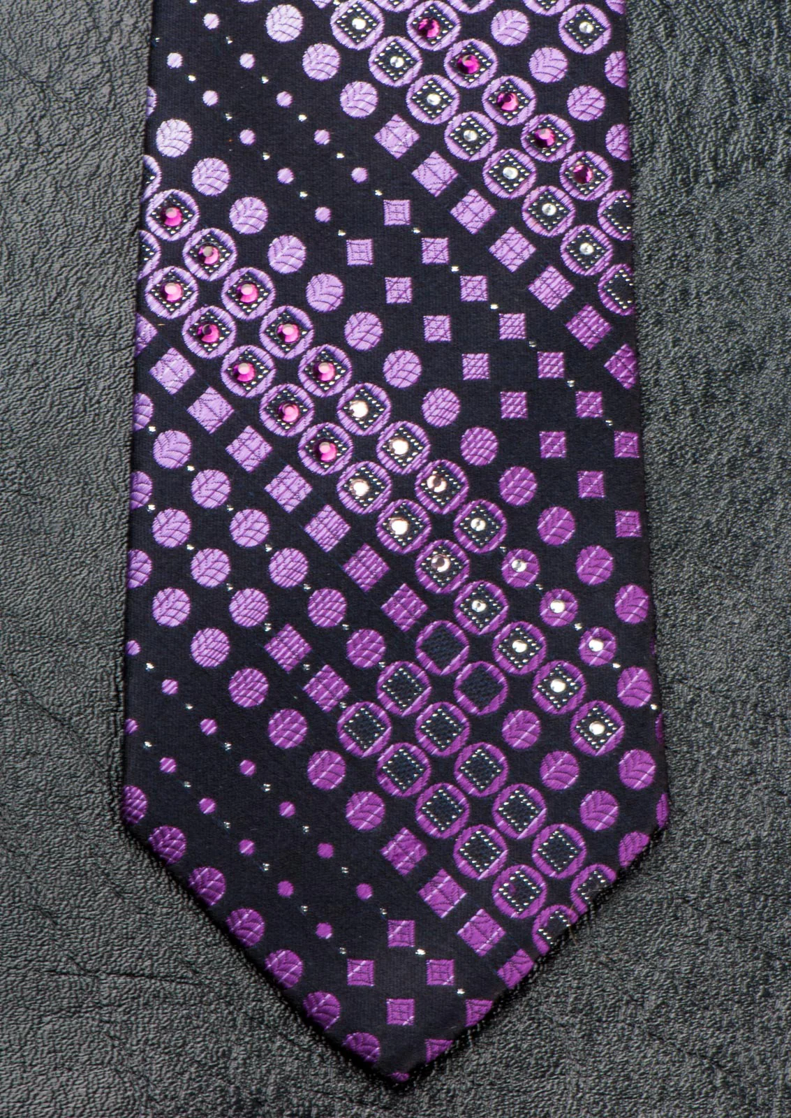 Indian Homme Rhinestone Silk Neck Tie Purple Dots & Squares On Black 3 1/4 Inch - Image 6