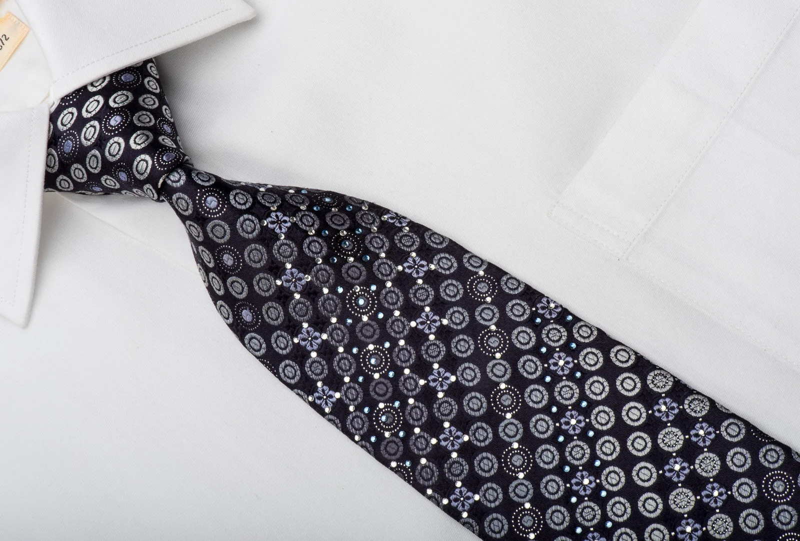 Indian Homme Rhinestone Silk Necktie Geometric Dots On Blue With Silver Sparkles - Image 2