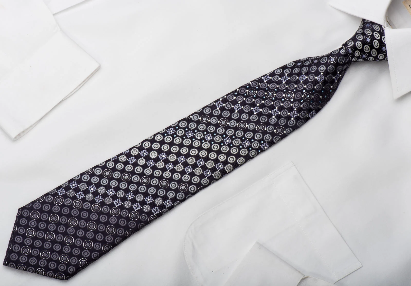 Indian Homme Rhinestone Silk Necktie Geometric Dots On Blue With Silver Sparkles - Image 3