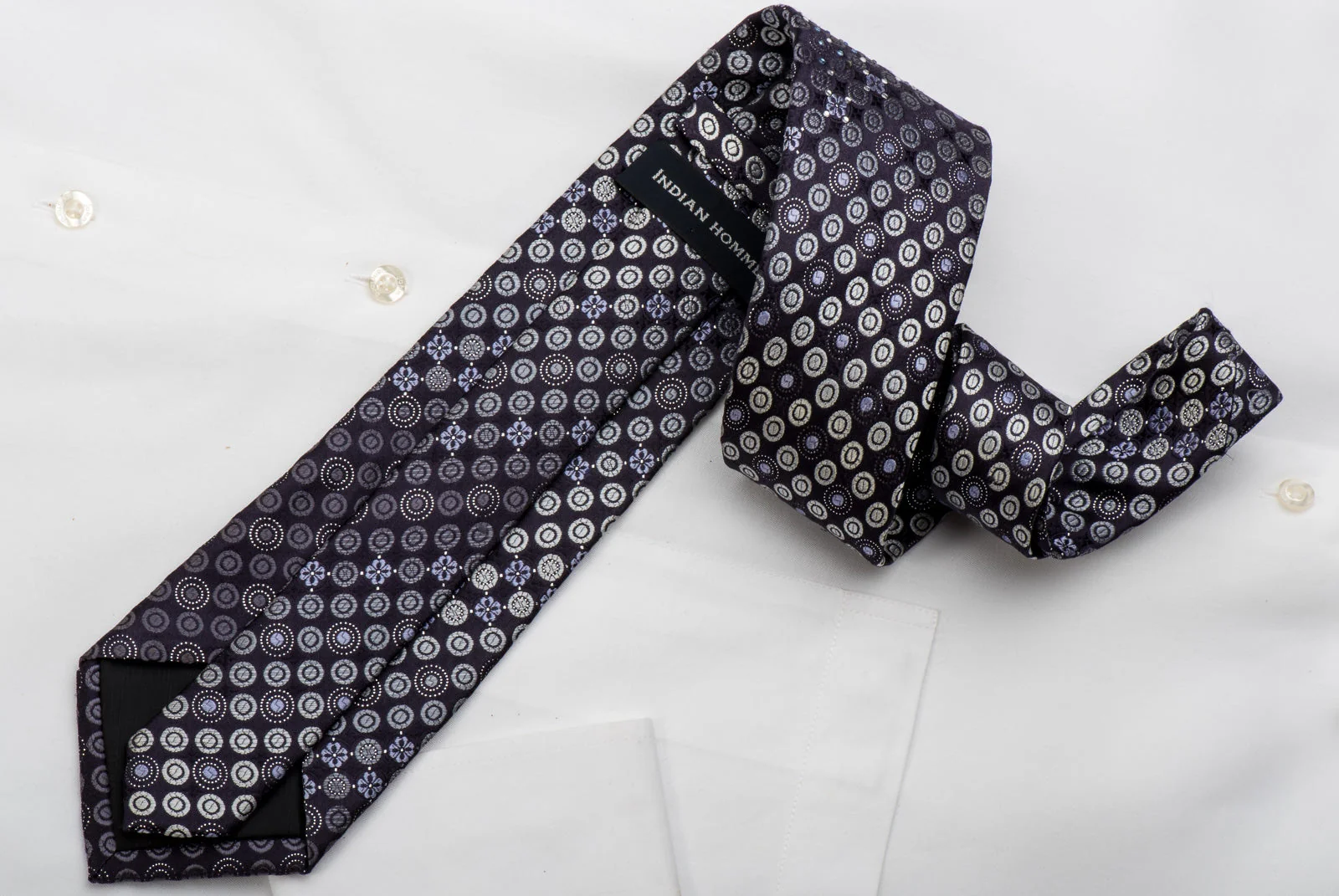 Indian Homme Rhinestone Silk Necktie Geometric Dots On Blue With Silver Sparkles - Image 5