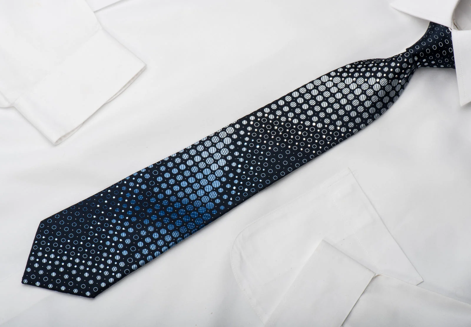 Indian Homme Rhinestone Silk Necktie Geometric On Blue With Silver Sparkles - Image 2