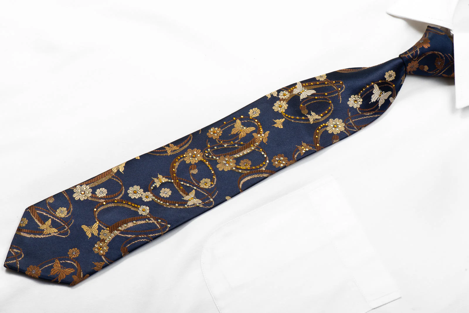 Indian Homme Rhinestone Silk Necktie Golden Butterflies Floral On Navy With Sparkles - Image 4