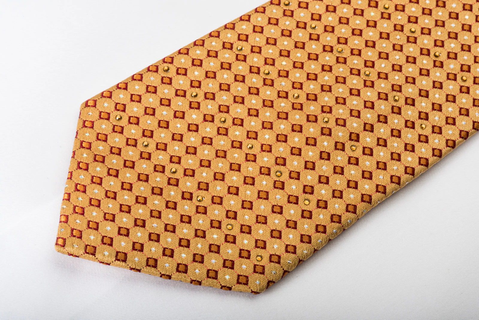 Indian Homme Rhinestone Silk Necktie Micro Squares On Gold With Silver Sparkles - Image 5