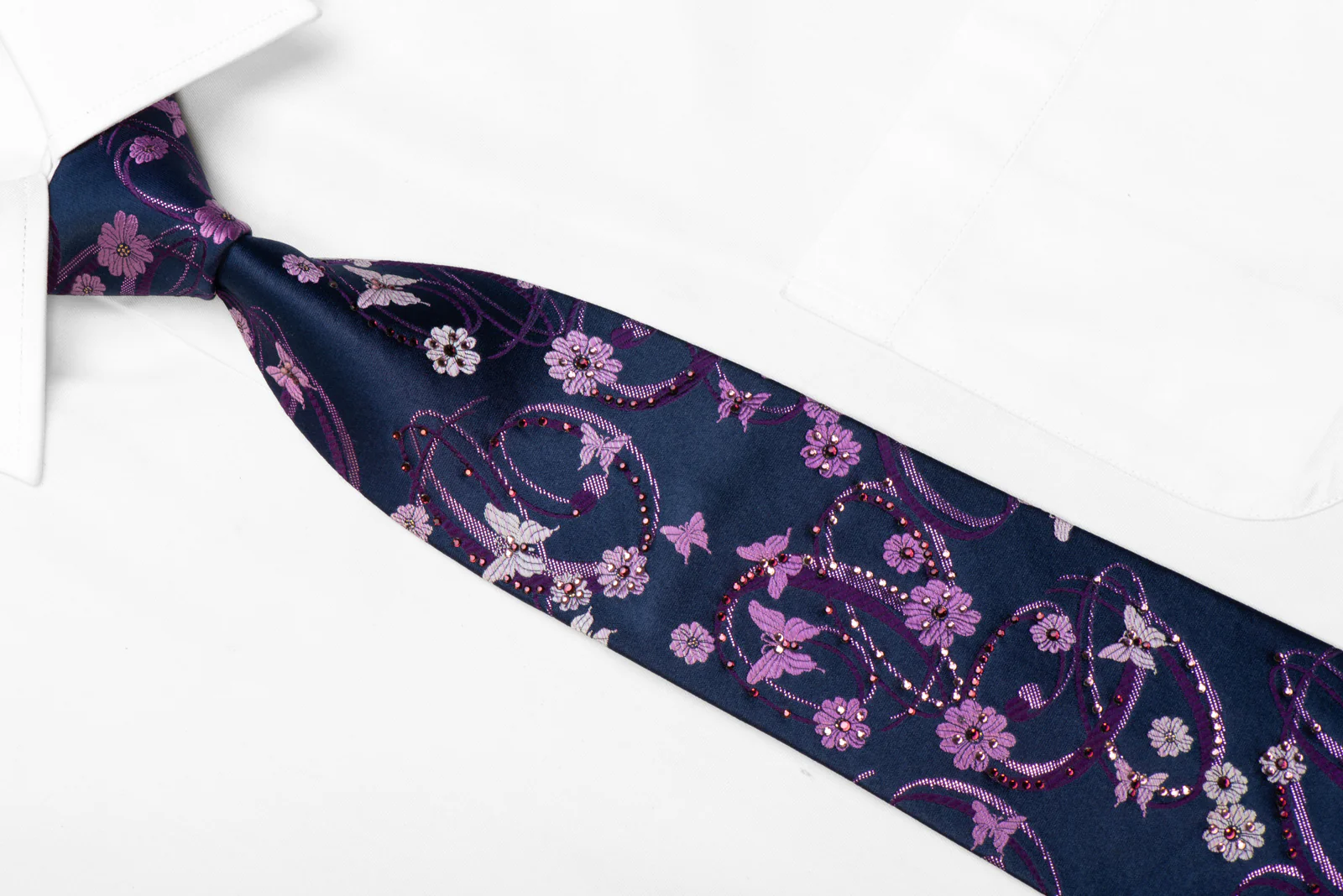Indian Homme Rhinestone Silk Necktie Purple Butterflies & Floral On Navy With Sparkles - Image 2