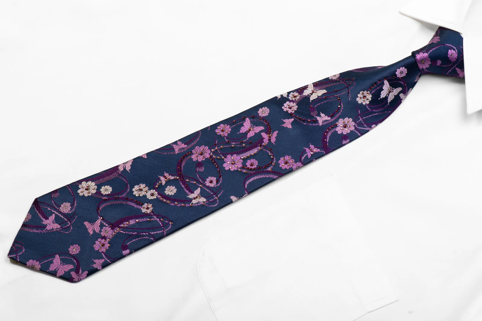 Indian Homme Rhinestone Silk Necktie Purple Butterflies & Floral On Navy With Sparkles - Image 3