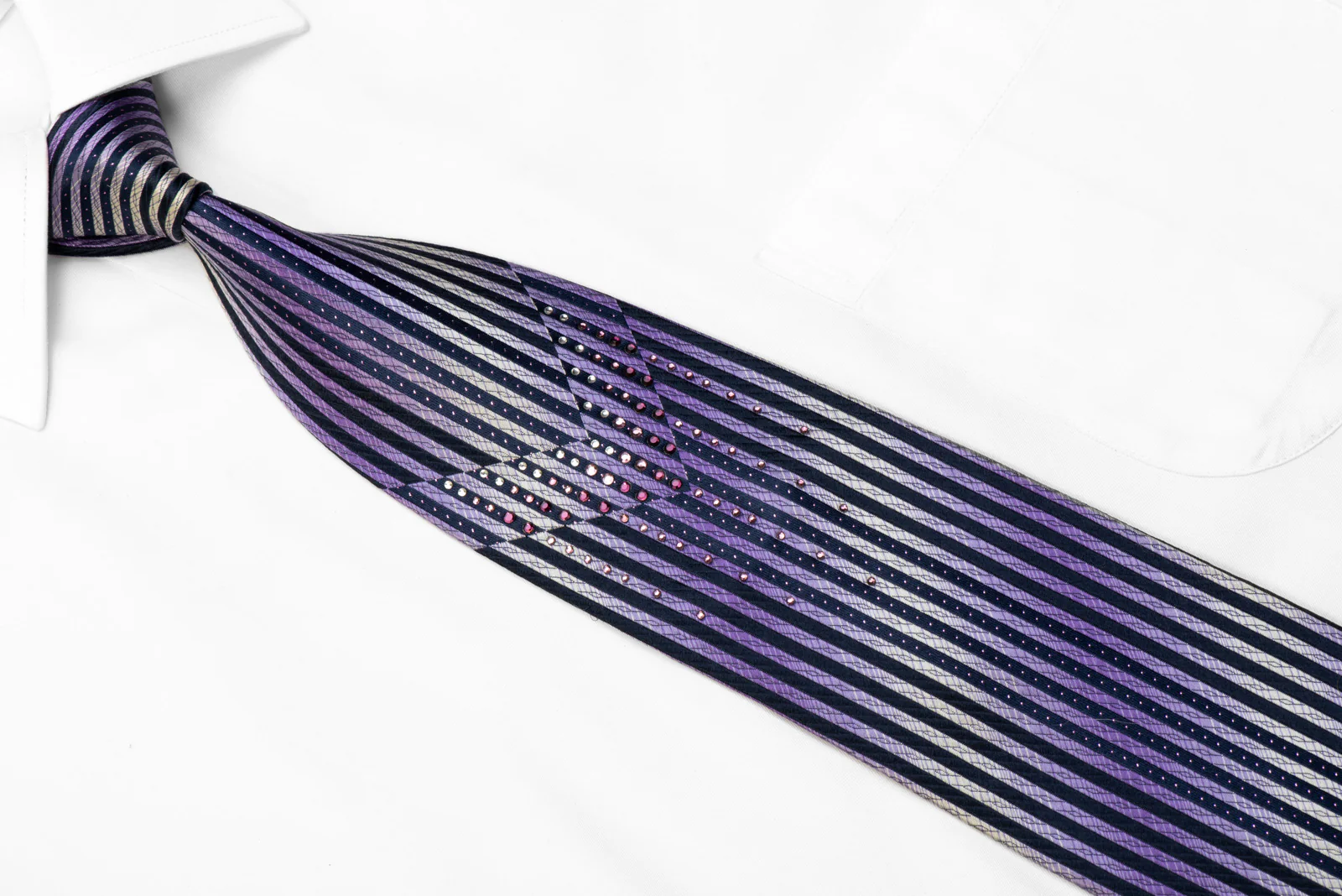 Indian Homme Rhinestone Silk Necktie Purple Navy Vertical Striped With Sparkles - Image 2