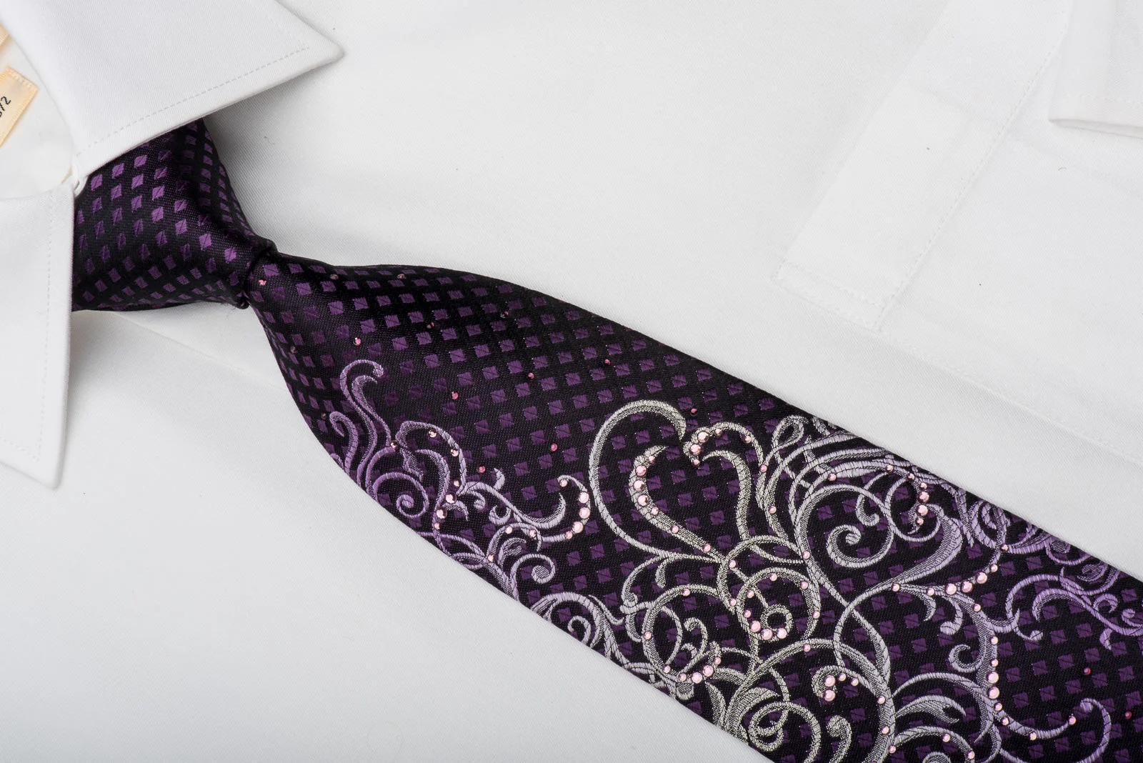 Indian Homme Rhinestone Silk Necktie Silver Scrolls On Purple With Sparkles - Image 2