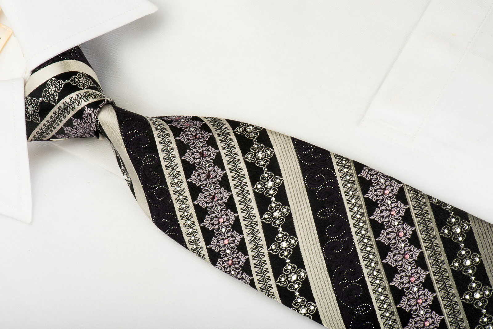 Indian Homme Rhinestone Silk Necktie Silver Striped On Black With Silver Sparkles - Image 4