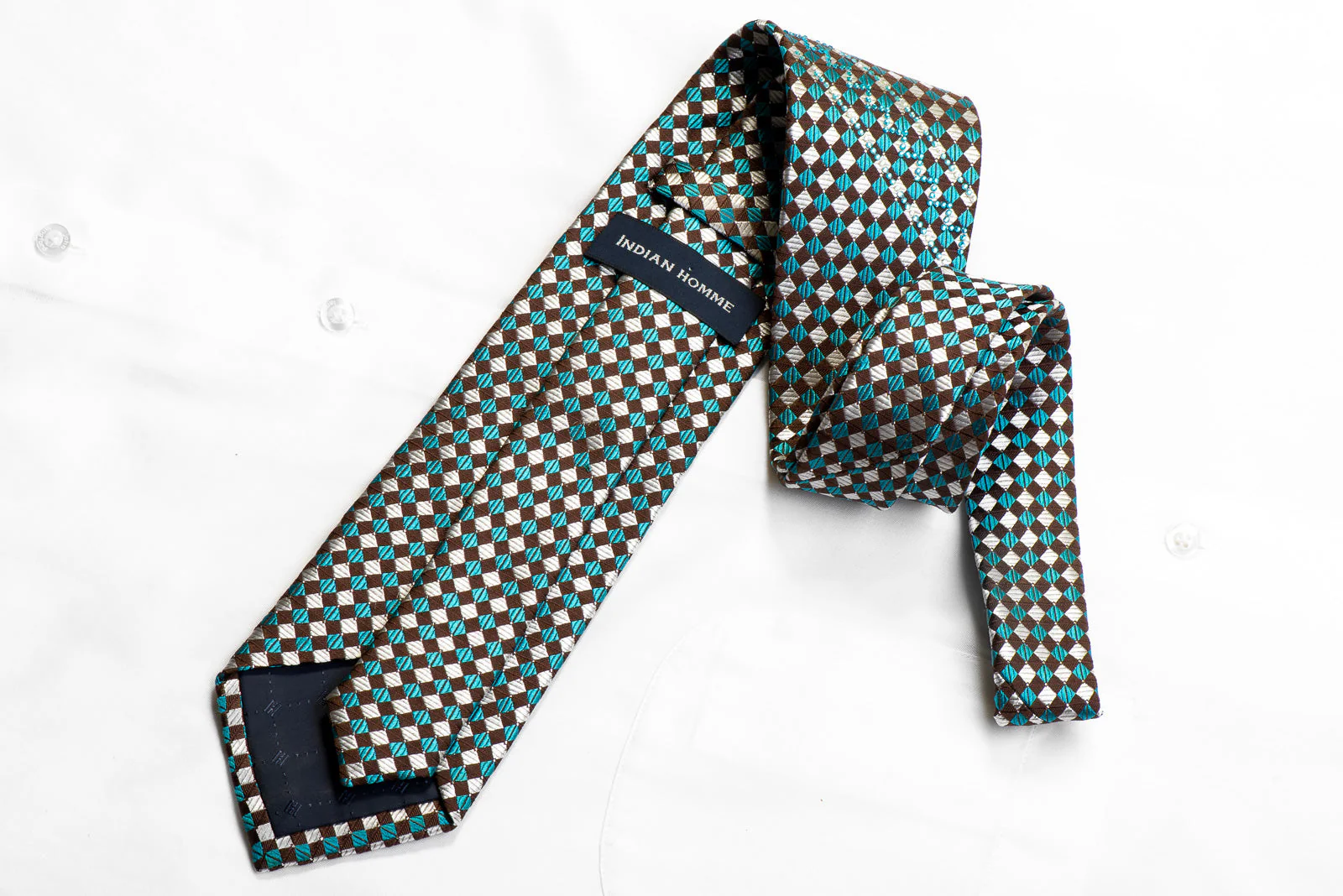 Indian Homme Rhinestone Silk Necktie Silver Teal Checkered On Brown With Silver Sparkles - Image 4