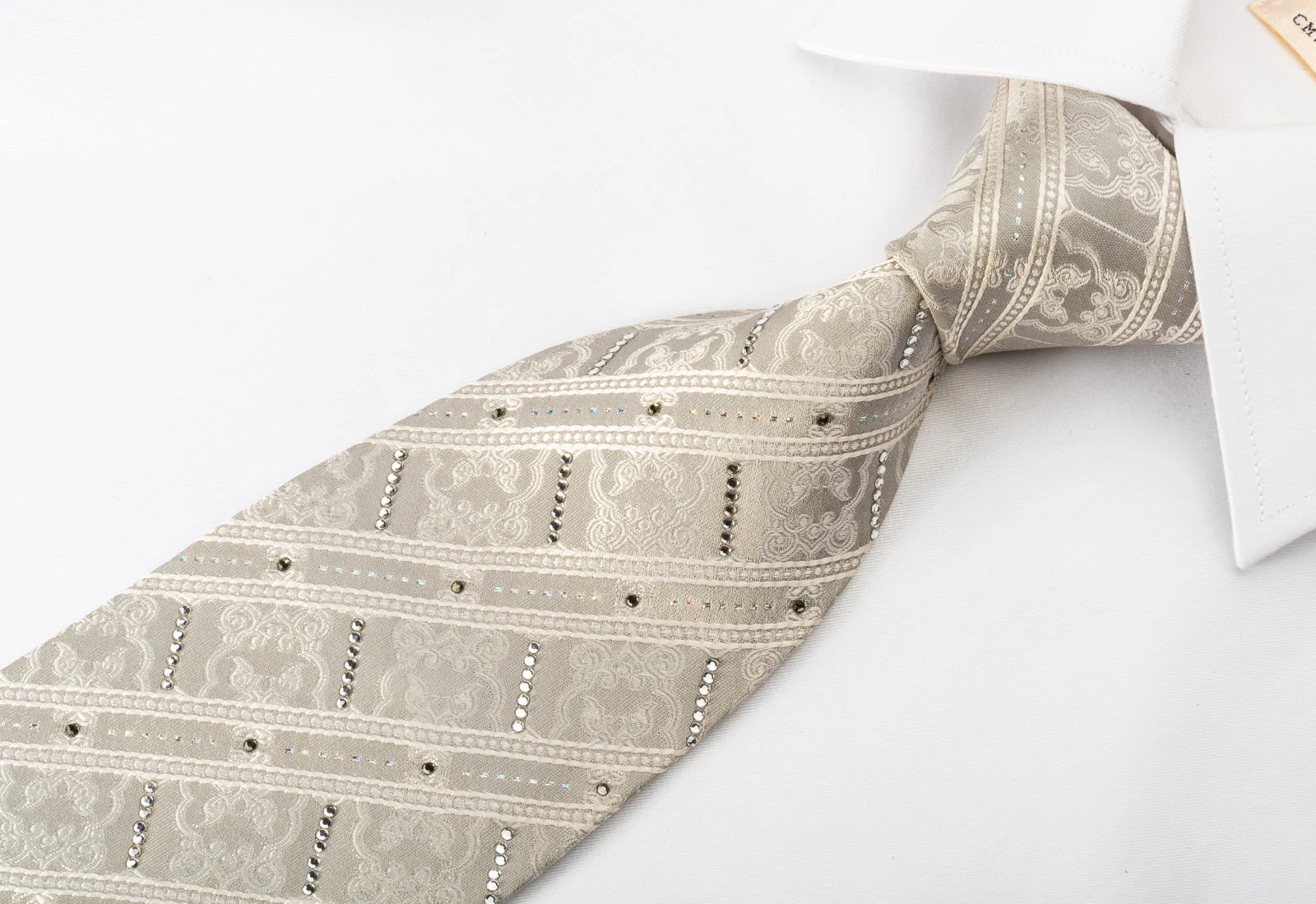 Indian Homme Rhinestone Silk Necktie Stripes On White With Silver Sparkles - Image 7