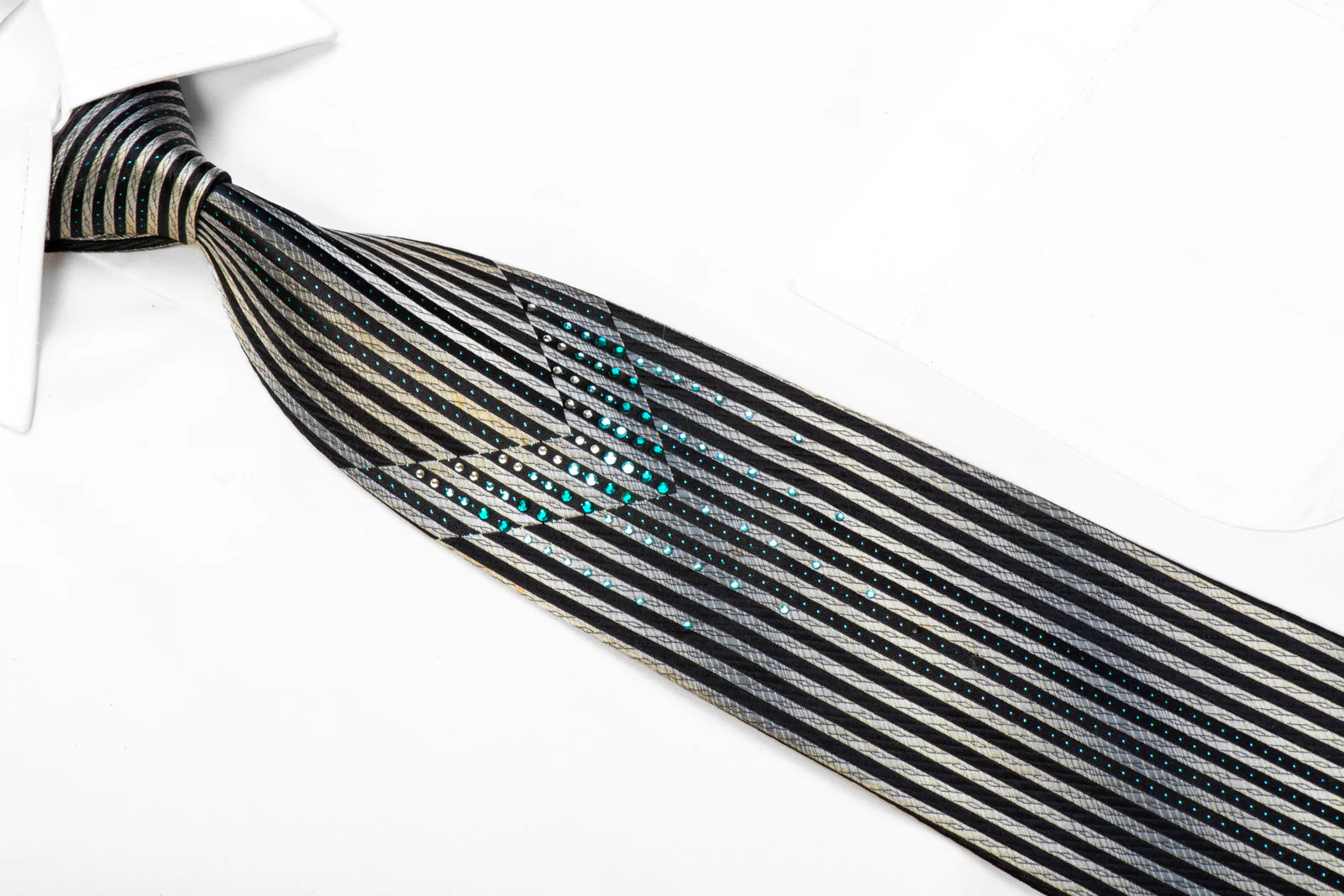Indian Homme Rhinestone Silk Tie Navy Vertical Striped On Silver With Sparkles - Image 2