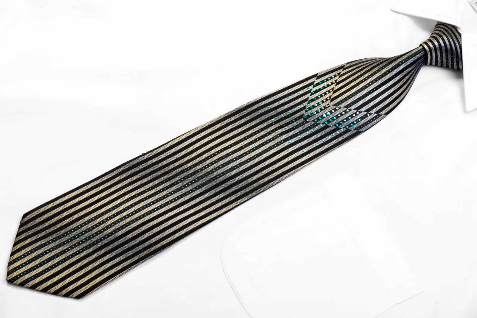 Indian Homme Rhinestone Silk Tie Navy Vertical Striped On Silver With Sparkles - Image 3