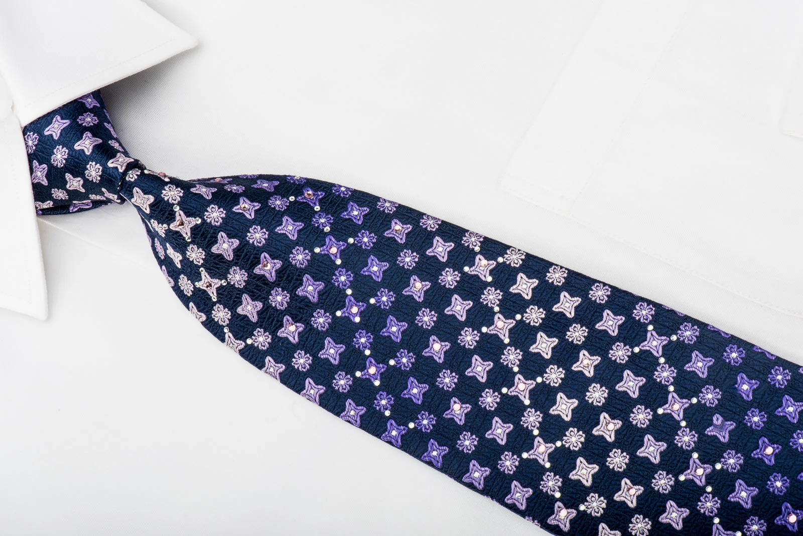 Indian Homme Rhinestone Silk Tie Purple Foulard On Navy With Silver Sparkles - Image 3