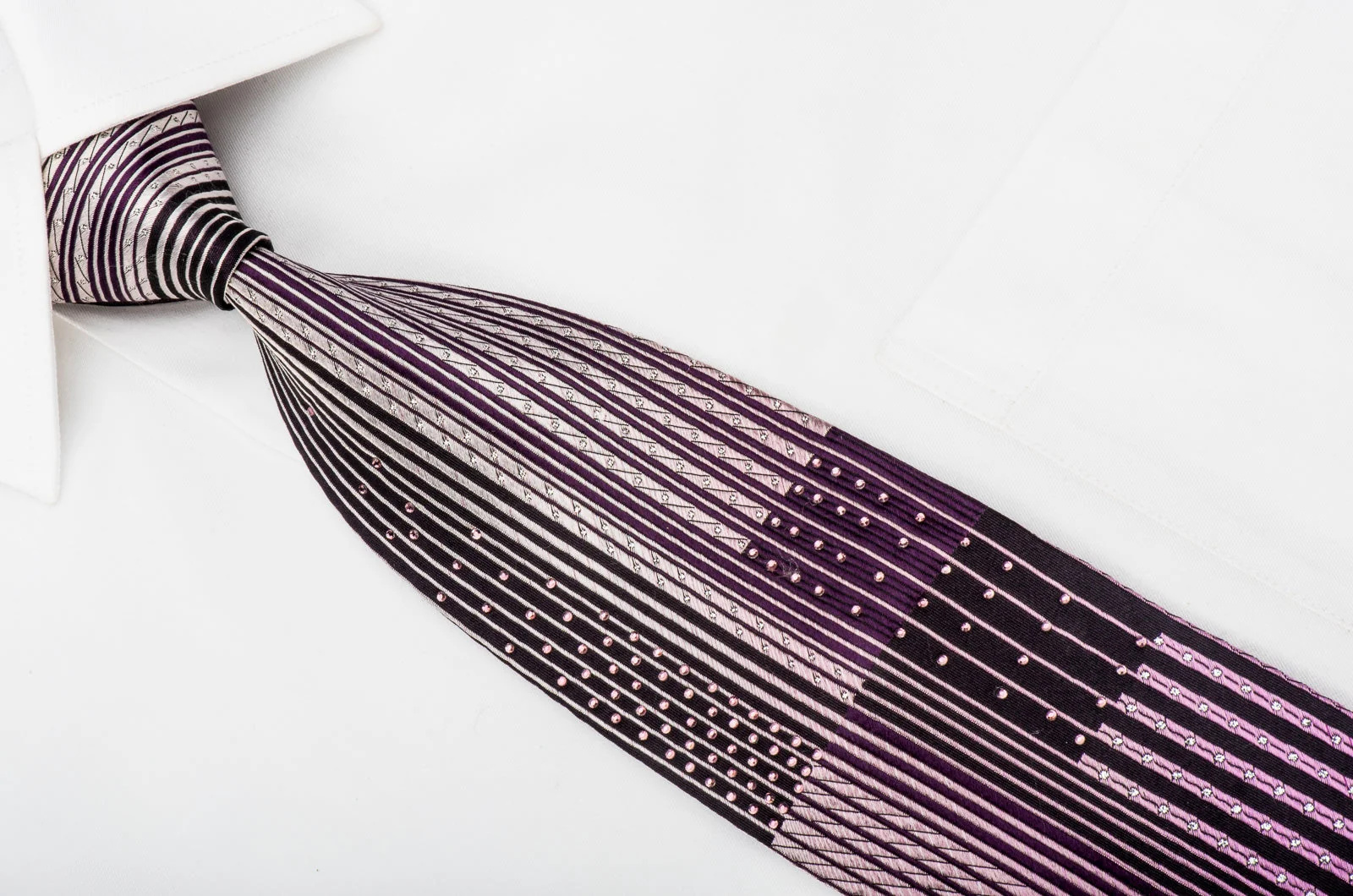 Indian Homme Rhinestone Silk Tie Purple Vertical Striped With Sparkles - Image 3