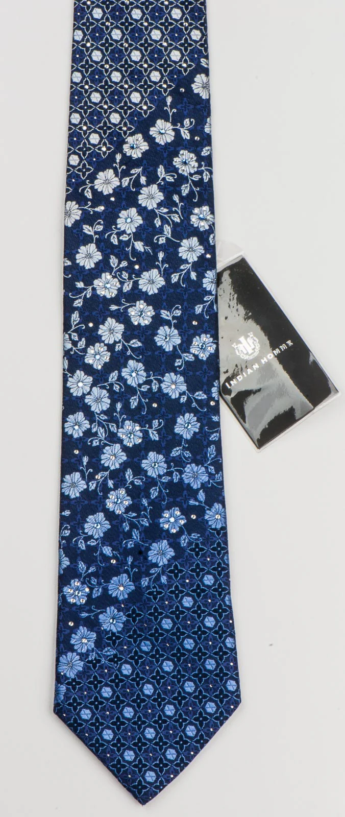 Indian Homme Rhinestone Tie Beutiful Floral Design On Navy Blue Silk - Image 3