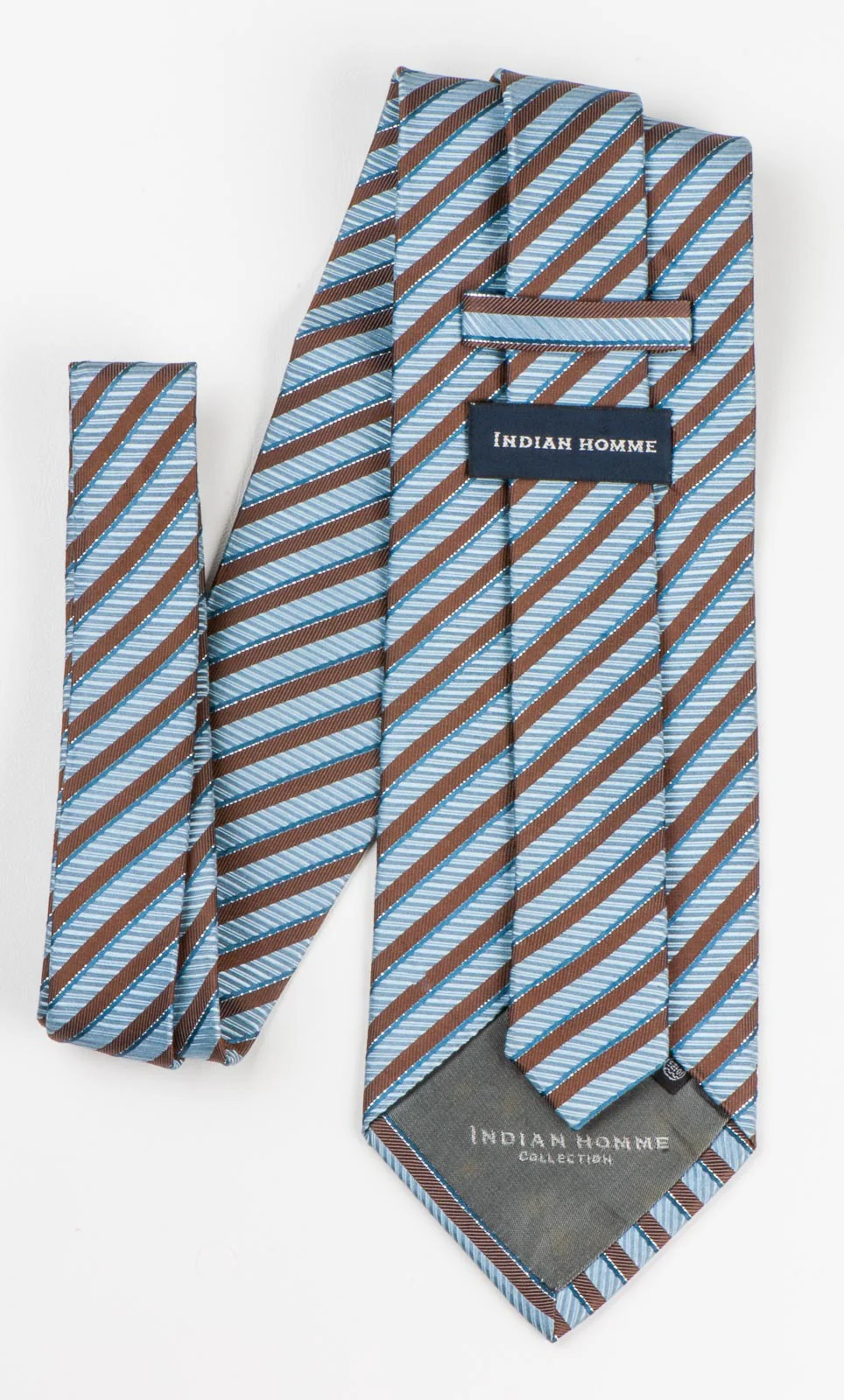 Indian Homme Silk Neck Tie Brown Blue Stripes With Silver Sparkles 3 3/4 Inch - Image 3