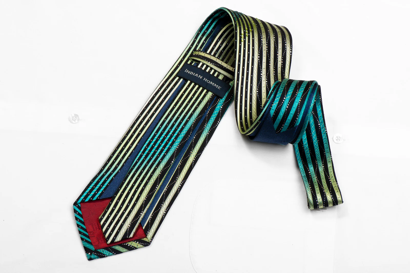Indian Homme Silk Necktie Green Vertical Striped On Black With Sparkles - Image 4