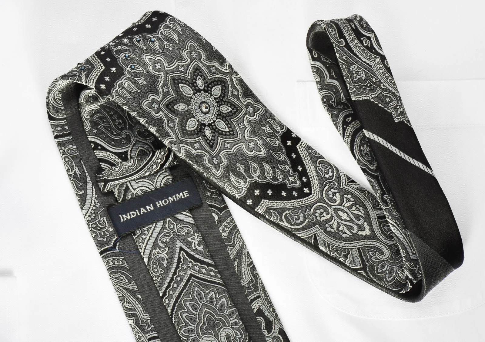 Indian Homme Silk Necktie Silver Damask On Black With Rhinestones - Image 5