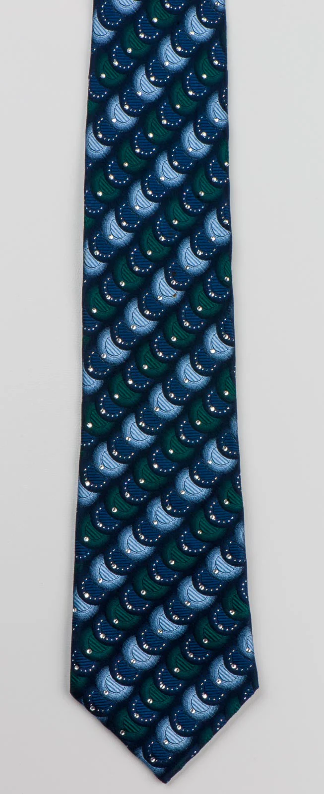 Indian Homme Silk Rhinestone Necktie Overlapping Circles On Blue With Silver Sparkles - Image 2