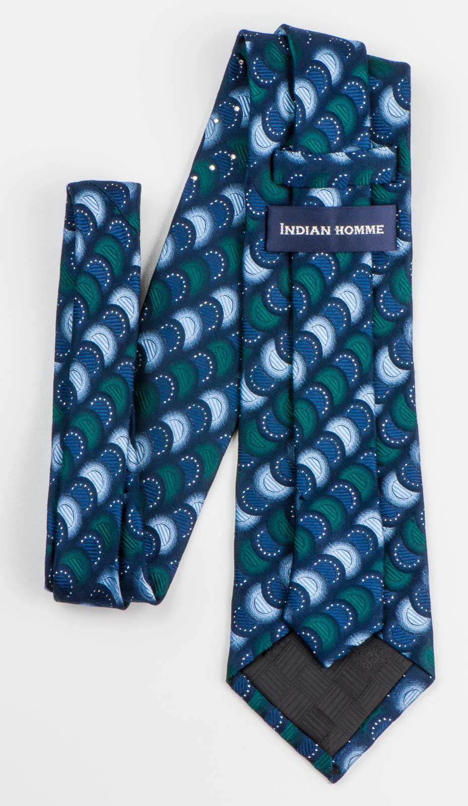 Indian Homme Silk Rhinestone Necktie Overlapping Circles On Blue With Silver Sparkles - Image 3