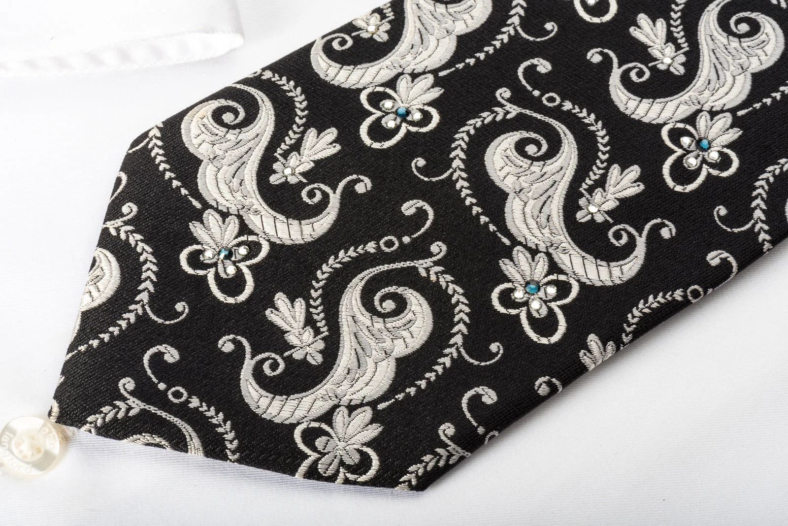 Indian Homme Silk Rhinestone Necktie Silver Floral On Black With White Pearls - Image 3