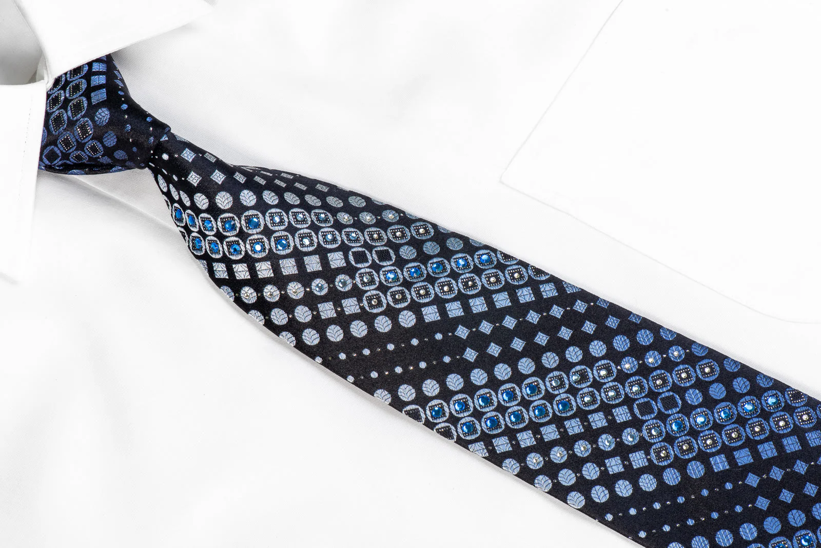Indian Homme Silk Rhinestone Neckties Geometric Pattern On Navy - Image 2