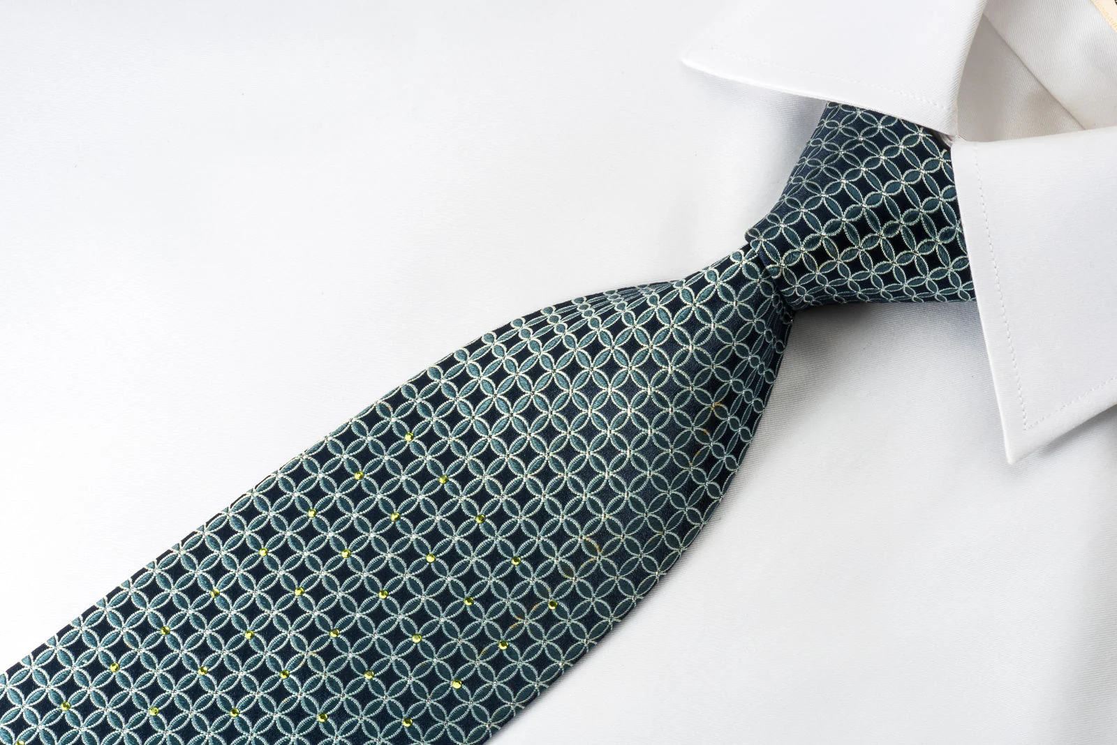 Indian Homme Silk Tie Interlocking Circles On Blue With Green Rhinestones & Sparkles - Image 4