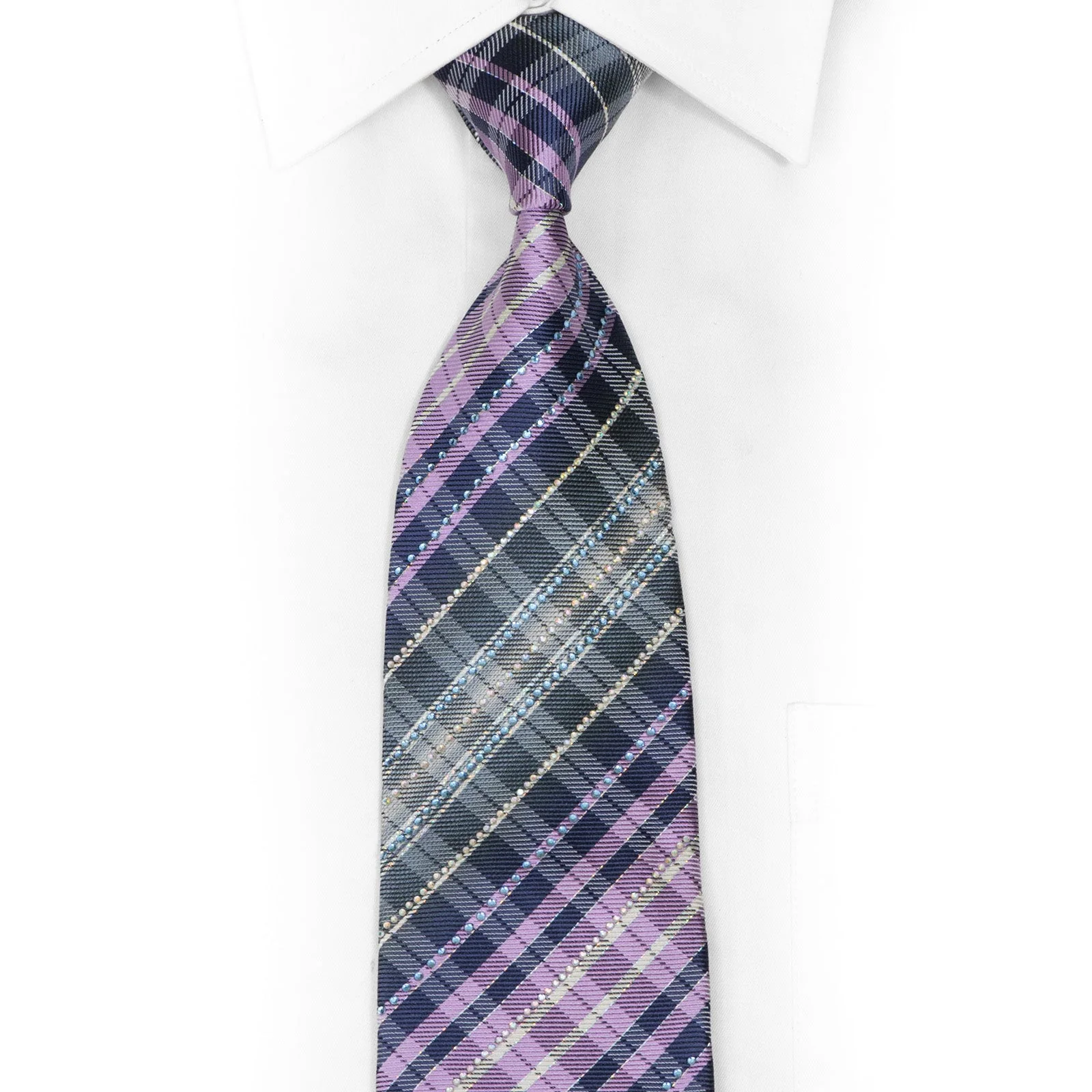 Navy Mauve Silver Plaid Rhinestone Silk Tie Withy Silver Sparkles - Image 2