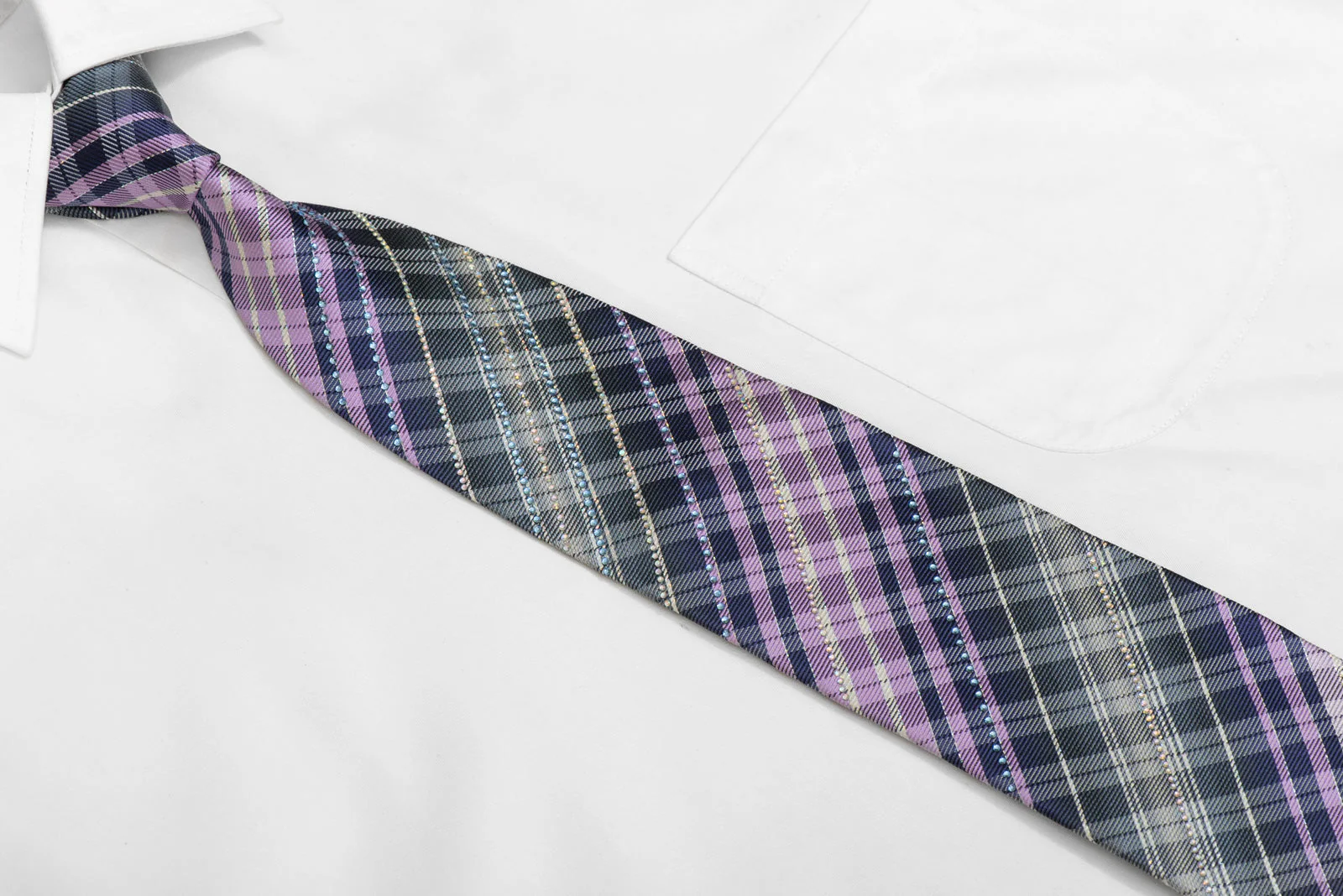 Navy Mauve Silver Plaid Rhinestone Silk Tie Withy Silver Sparkles - Image 3