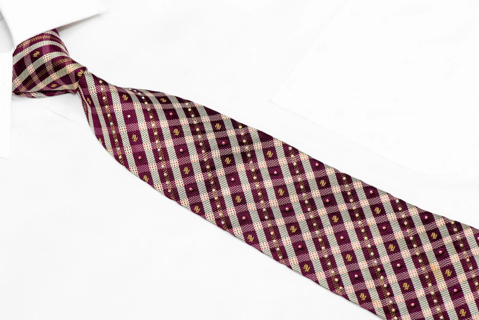 Silver Burgundy Plaid Design Rhinestone Silk Necktie With Sparkles - Image 2