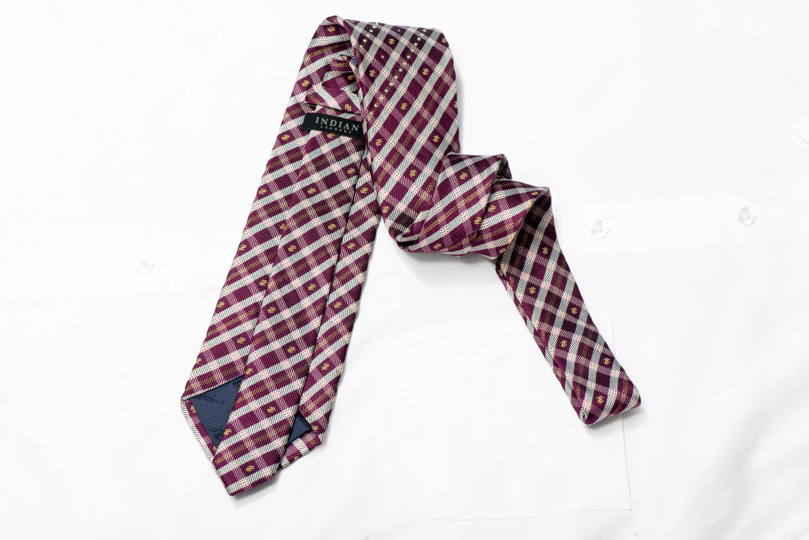 Silver Burgundy Plaid Design Rhinestone Silk Necktie With Sparkles - Image 4