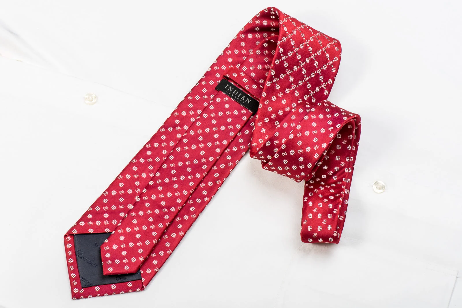 Indian Leaders Men's Crystal Silk Necktie Checker Monogram On Red With Silver Sparkles - Image 4