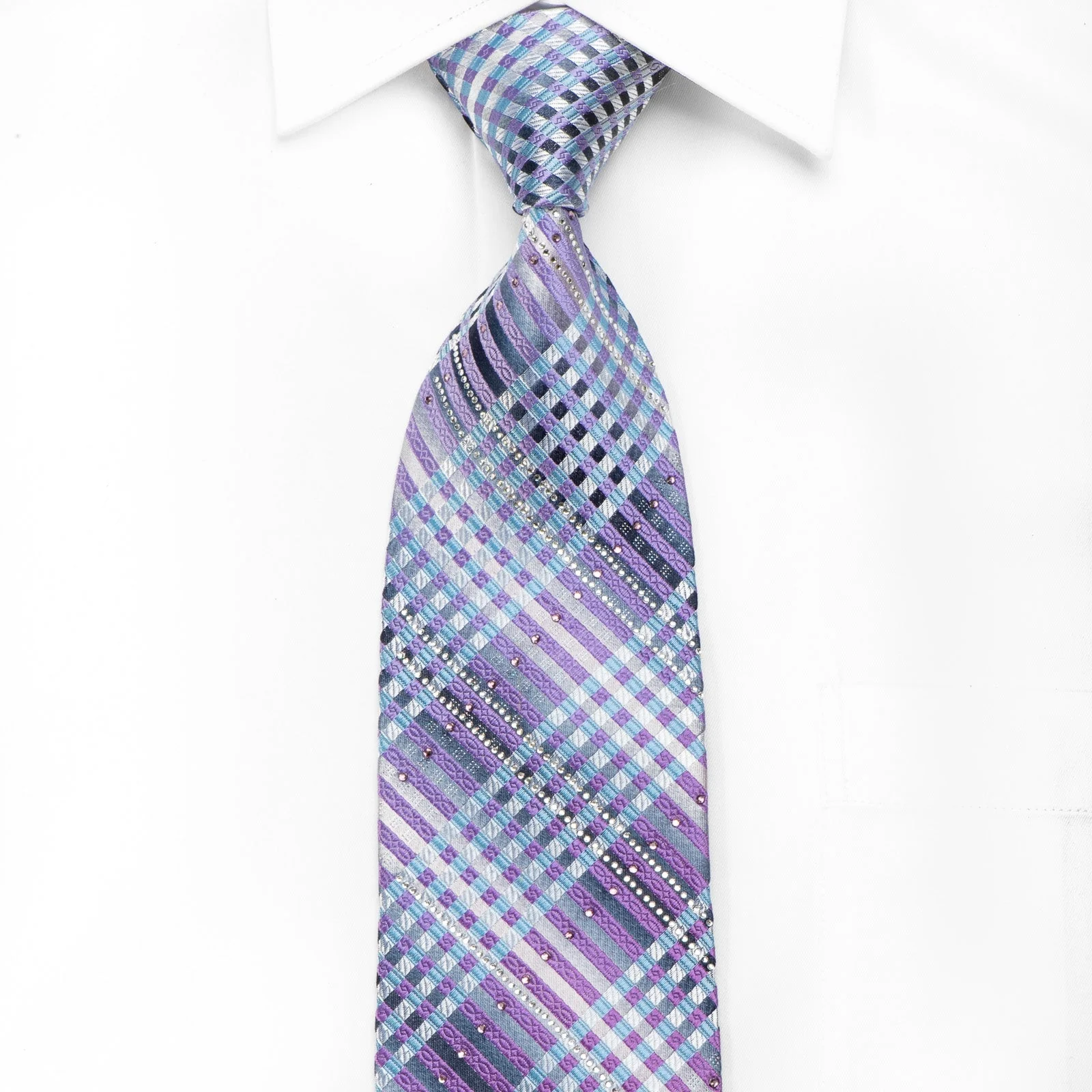 Indian Leaders Men's Crystal Silk Tie Silver Mauve Striped With Silver Sparkles