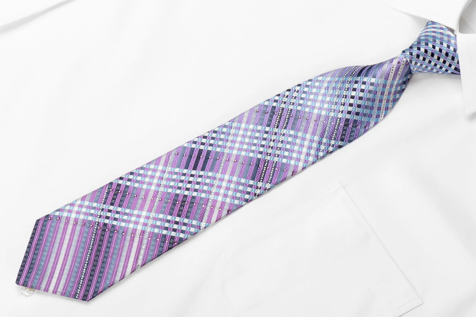 Indian Leaders Men's Crystal Silk Tie Silver Mauve Striped With Silver Sparkles - Image 2