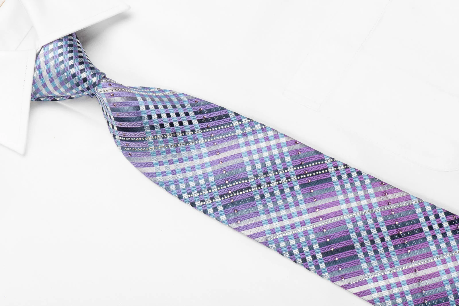 Indian Leaders Men's Crystal Silk Tie Silver Mauve Striped With Silver Sparkles - Image 3