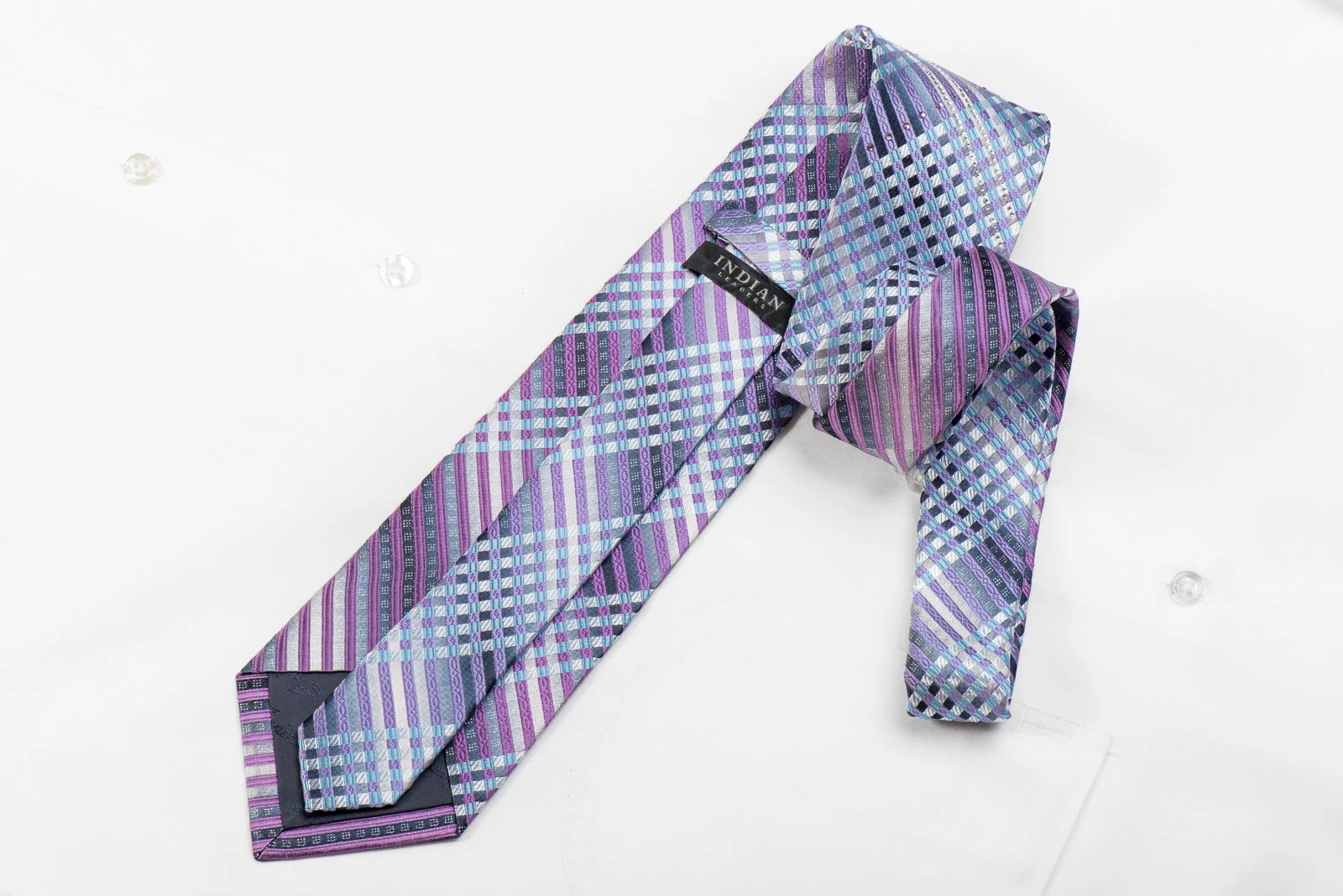 Indian Leaders Men's Crystal Silk Tie Silver Mauve Striped With Silver Sparkles - Image 4