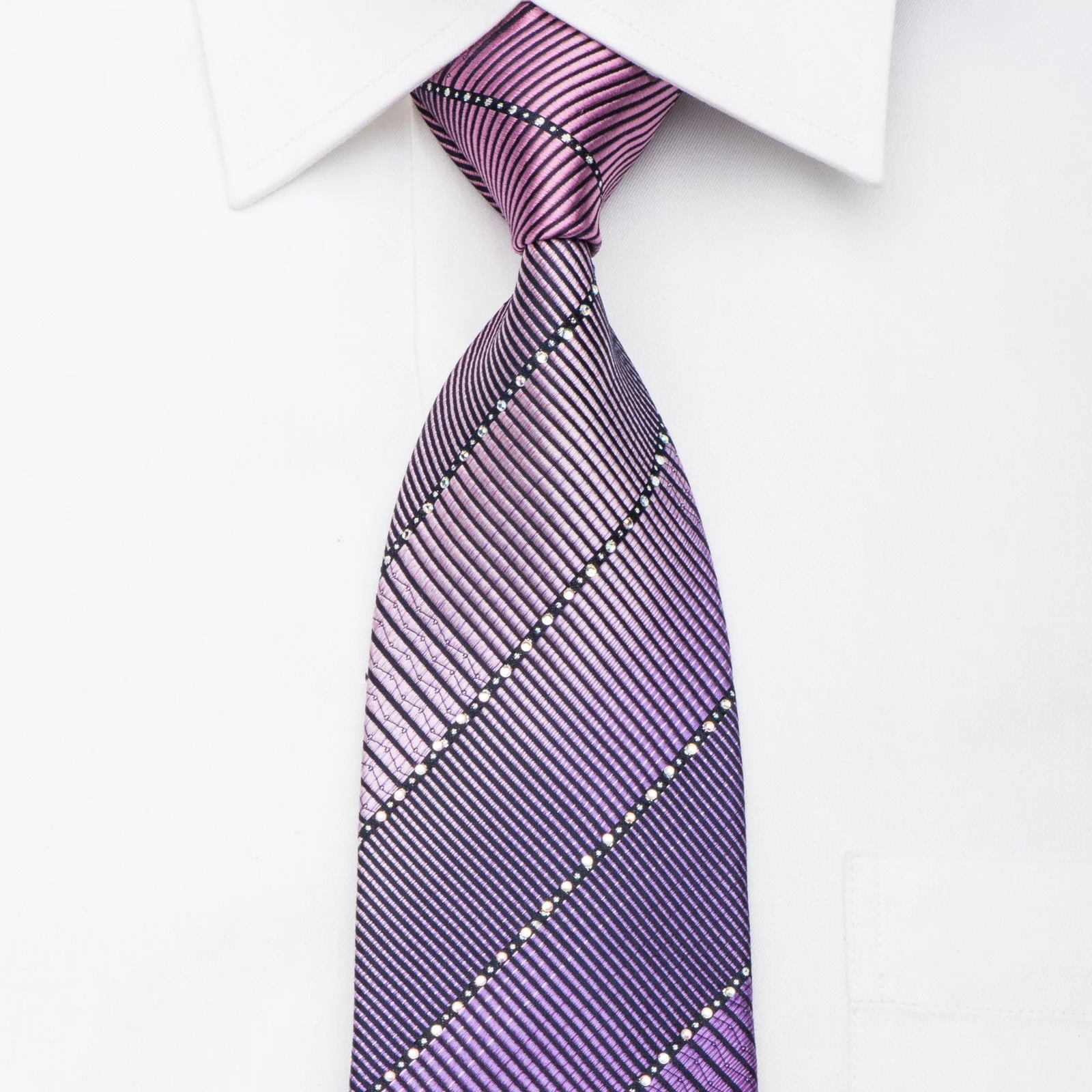 Indian Leaders Men's Rhinestone Tie Purple Striped On Navy Silk With Sparkles