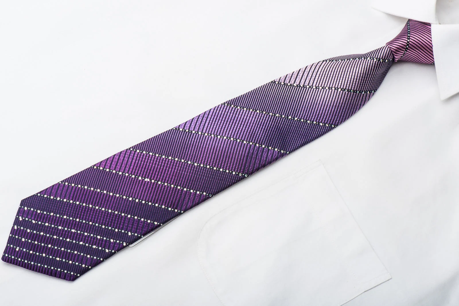 Indian Leaders Men's Rhinestone Tie Purple Striped On Navy Silk With Sparkles - Image 3