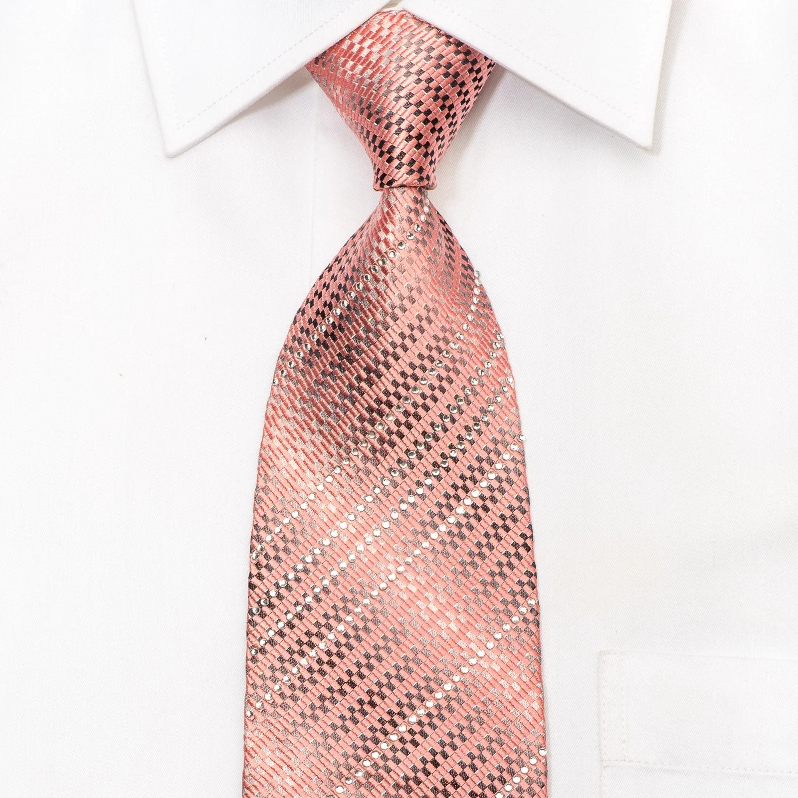 Pink Silver Micro Checkered Men's Silk Necktie Sparkling With Rhinestones
