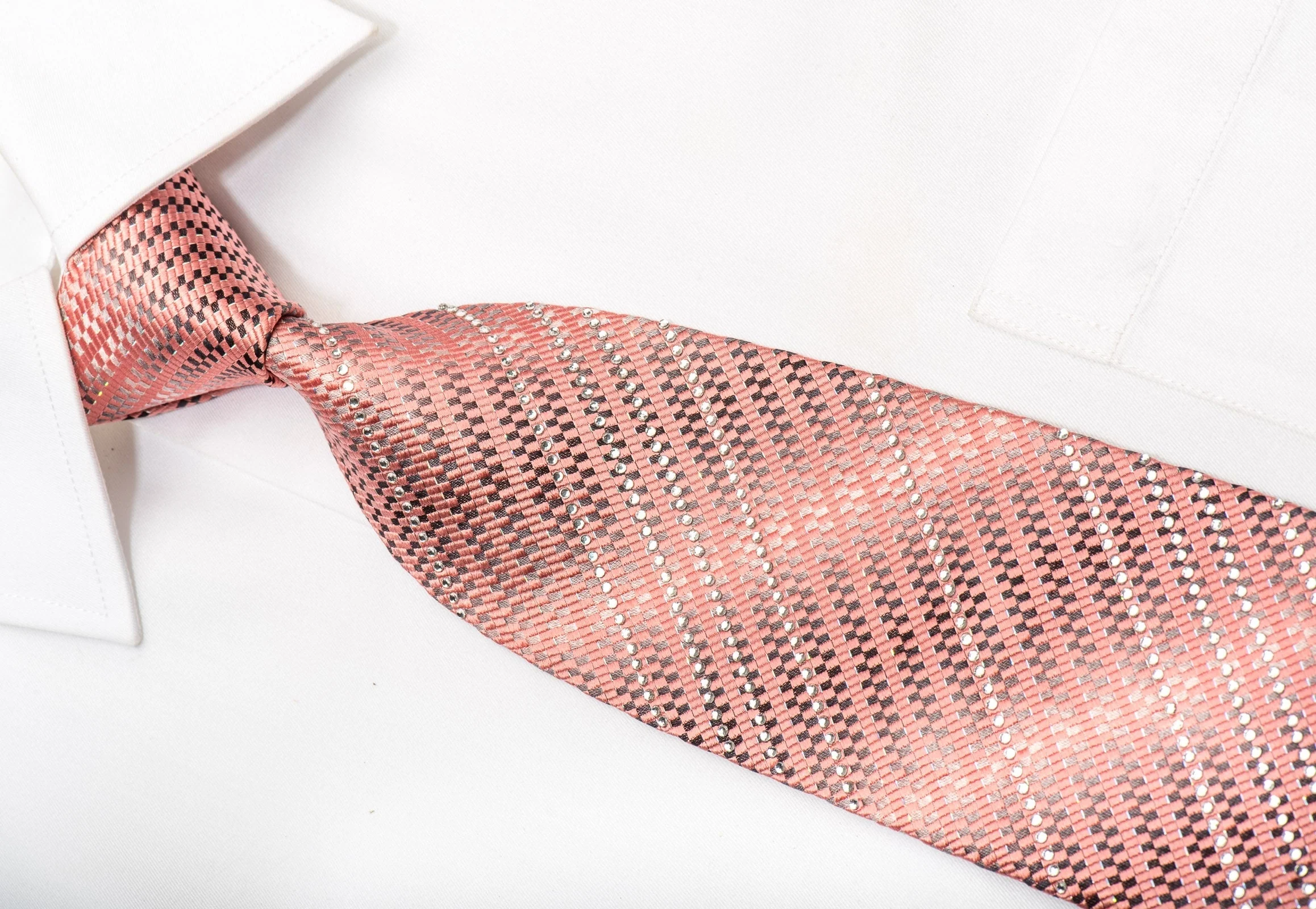 Pink Silver Micro Checkered Men's Silk Necktie Sparkling With Rhinestones - Image 2