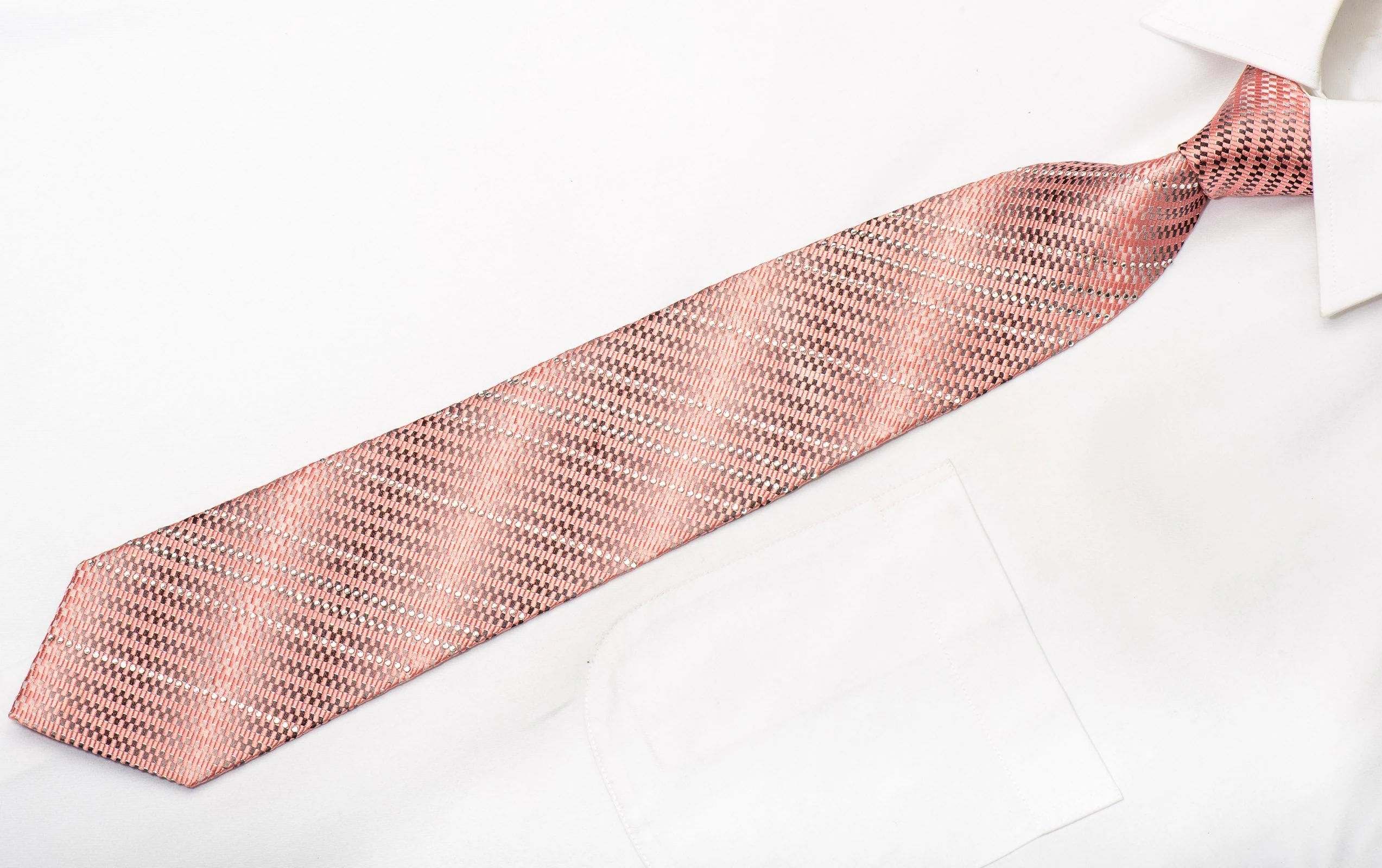 Pink Silver Micro Checkered Men's Silk Necktie Sparkling With Rhinestones - Image 3