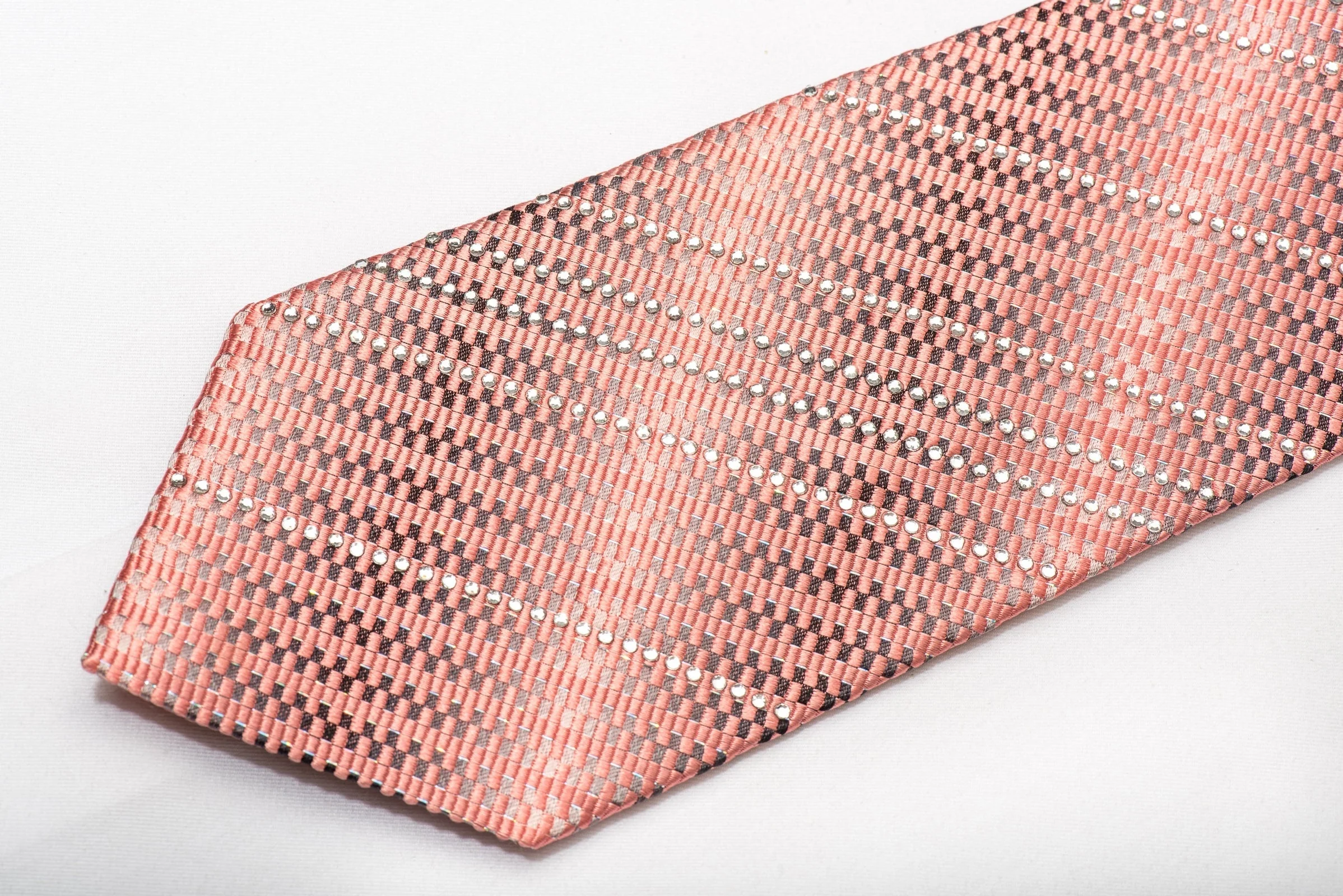Pink Silver Micro Checkered Men's Silk Necktie Sparkling With Rhinestones - Image 4