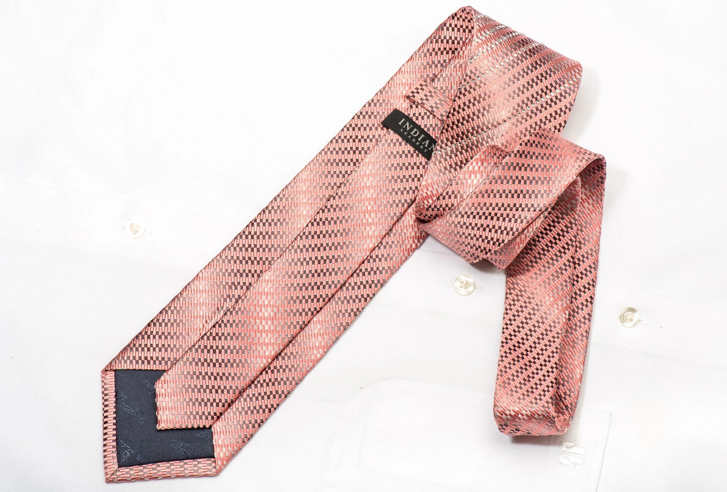 Pink Silver Micro Checkered Men's Silk Necktie Sparkling With Rhinestones - Image 5