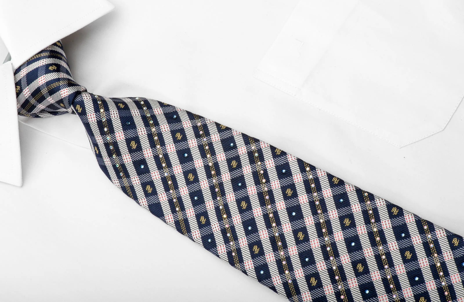 Indian Leaders Men's Silk Tie Blue Ivory Plaid Striped Sparkling With Rhinestones - Image 2